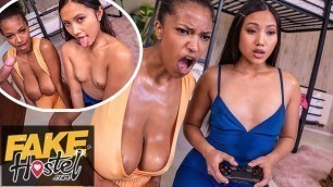 Fake Hostel - Video Game Playing Asian Thai Girl and Ebony Latina College Teens in Horny Threesome